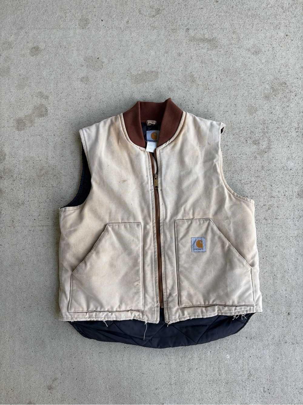 Vintage Carhartt V01 BRN Duck Canvas Work Vest Tan Distressed Size Large